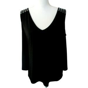 Calvin Klein Women's Black Beaded Open Shoulder Long Flare Sleeve Shirt NWT. Med